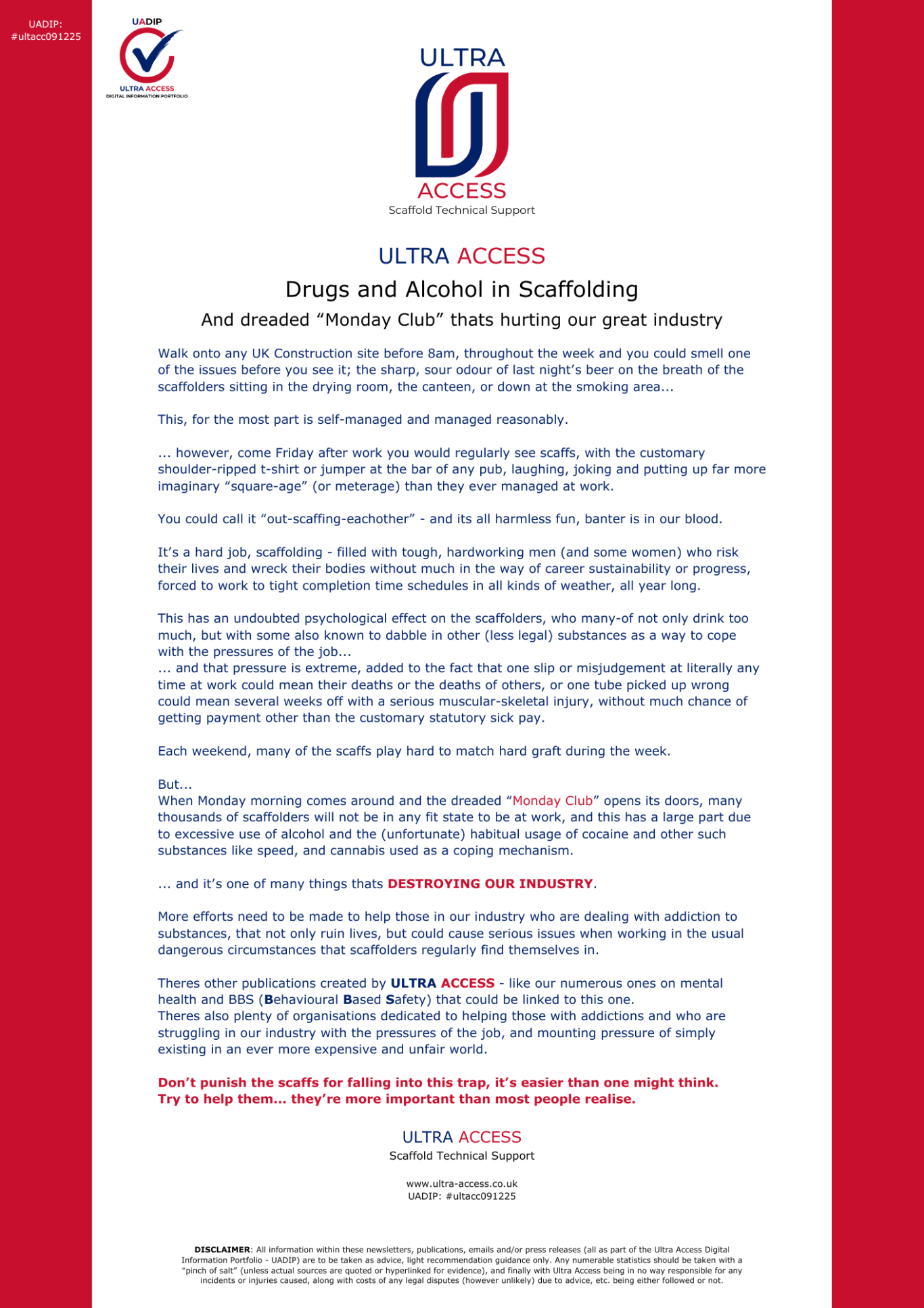 Drugs and Alcohol in Scaffolding