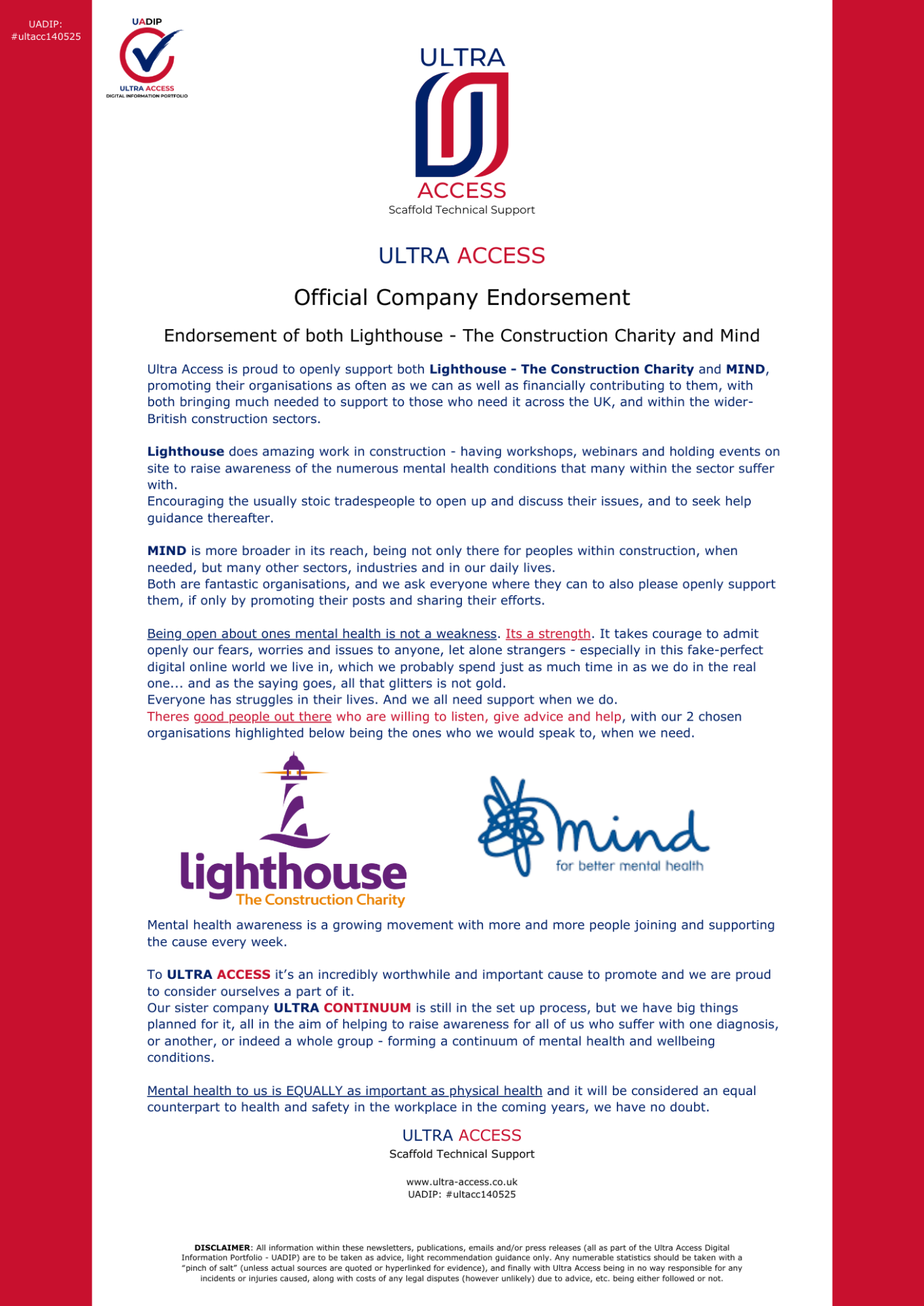 Endorsement of both Lighthouse - The Construction Charity and MIND