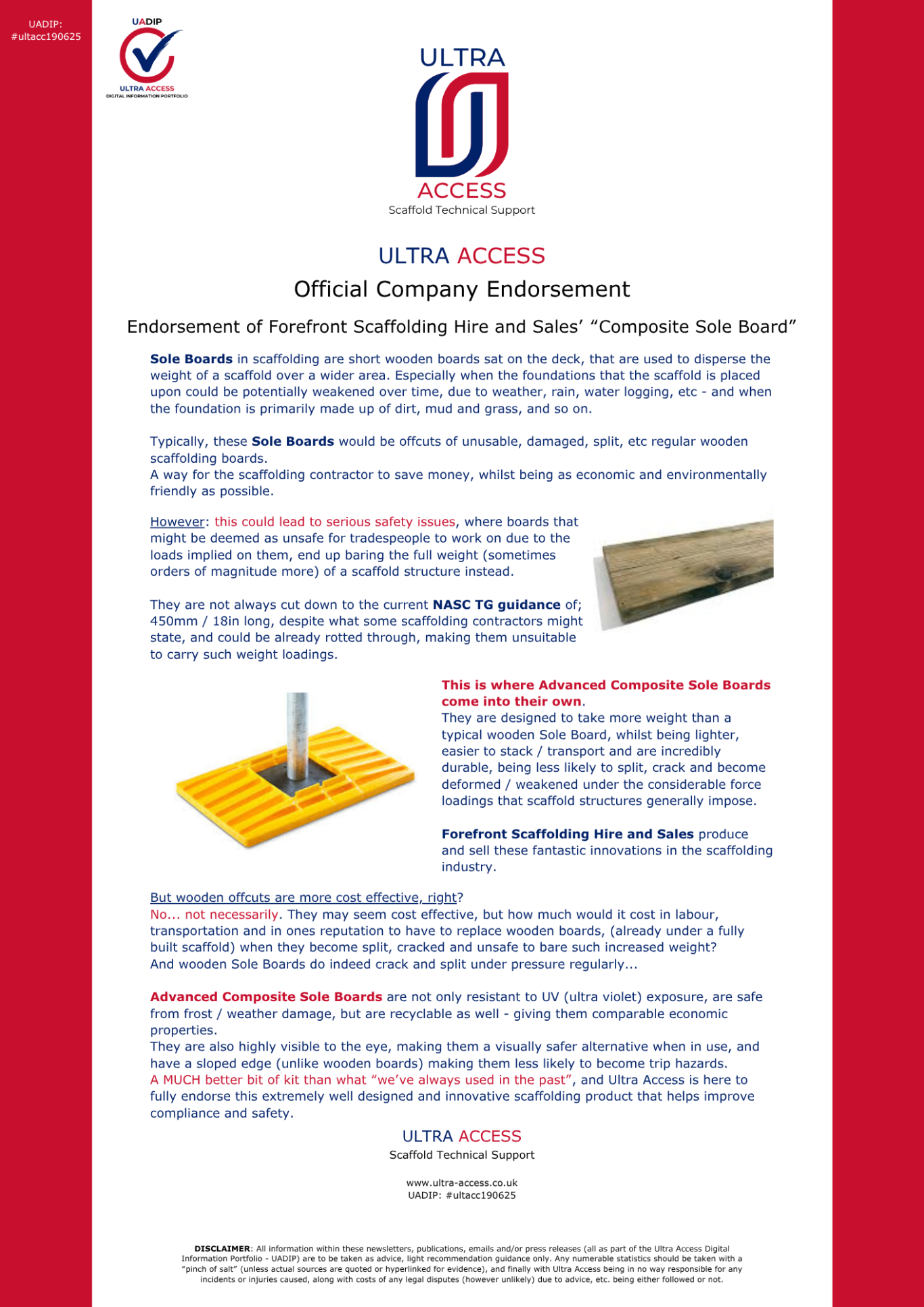 Endorsement of Forefront Scaffolding Hire and Sales' "Advanced Composite Sole Board"